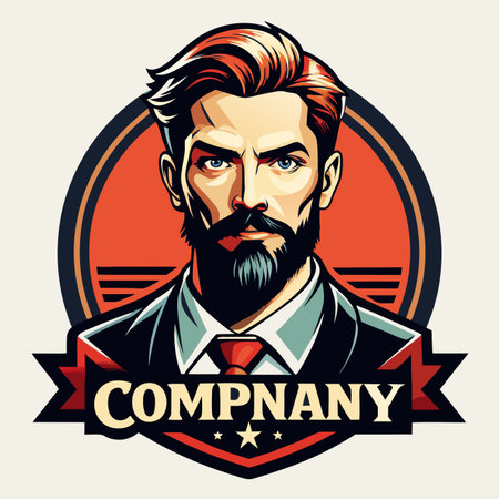 Illustrative emblem a sharp, bearded man in a suit with a direct stare, classic vintage styleのイラスト素材