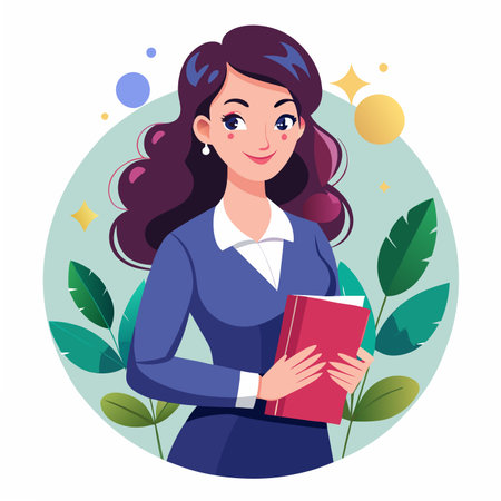 A smiling cartoon woman in a blue suit holds a red book, surrounded by leaves and abstract shapesのイラスト素材