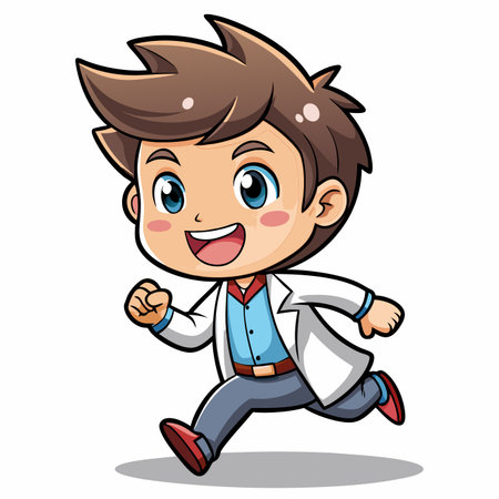 Cheerful chibi boy in a white lab coat, blue shirt, and red shoes, running happily forwardのイラスト素材