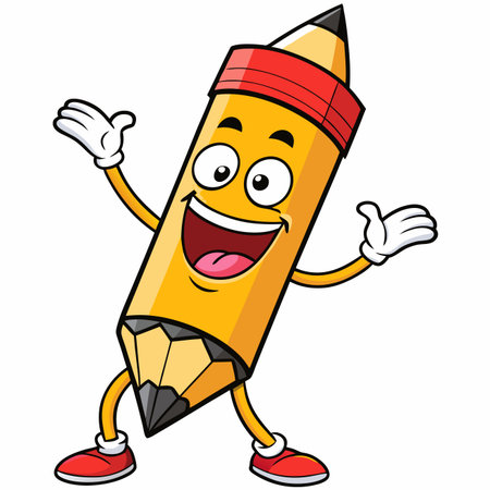 Cheerful yellow cartoon pencil character with a big smile, waving arms, and red shoes, standing happilyのイラスト素材