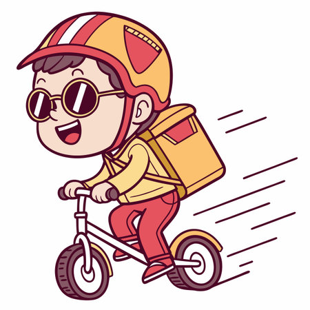 Smiling cartoon child-like character wearing a helmet and sunglasses on a bicycle, carrying a boxのイラスト素材