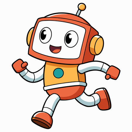 Cute orange and white cartoon robot character with a happy face, running enthusiastically. Playful AI mascotのイラスト素材