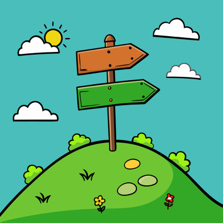 A cartoon signpost with two arrows on a green hill under a sunny blue sky with clouds and bushesのイラスト素材
