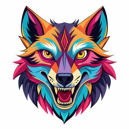 Vibrant, geometric wolf head snarling fiercely, rendered with bright, contrasting polygonal shapesのイラスト素材