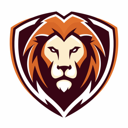 Stylized lion head emblem with powerful gaze, flowing brown and orange mane, set within a shield shapeのイラスト素材