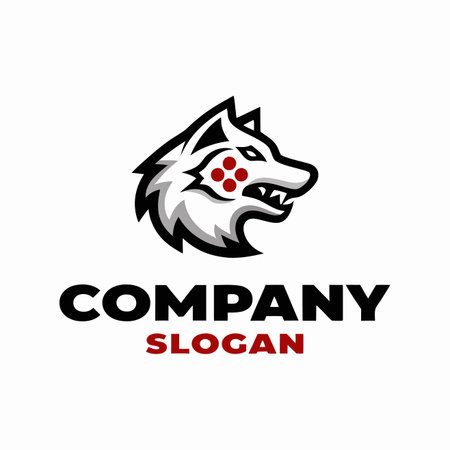 A fierce, stylized wolf head in profile, baring teeth, with red dots on its face, on white backgroundのイラスト素材