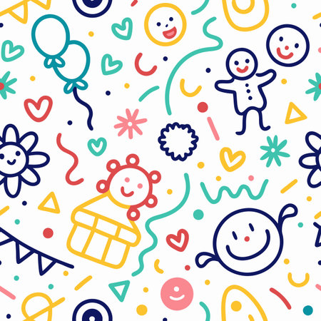 Colorful seamless pattern playful line-art balloons, smiling faces, hearts, confetti, and party elementsのイラスト素材