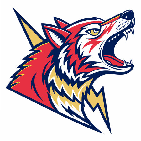 Fierce red, white, yellow stylized wild dog head, snarling with fangs and lightning bolts. Open mouthのイラスト素材