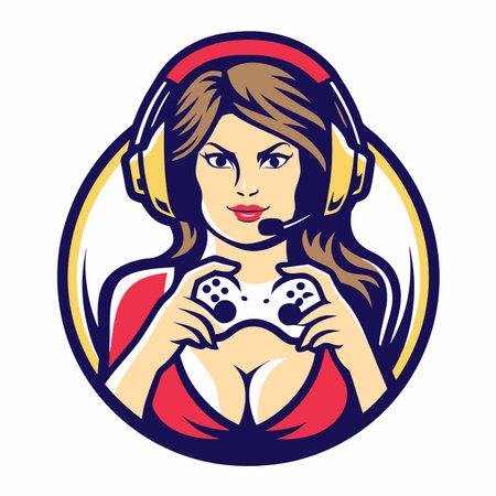 Vibrant cartoon gamer woman wearing a headset and holding a controller, serious expression, in an emblemのイラスト素材