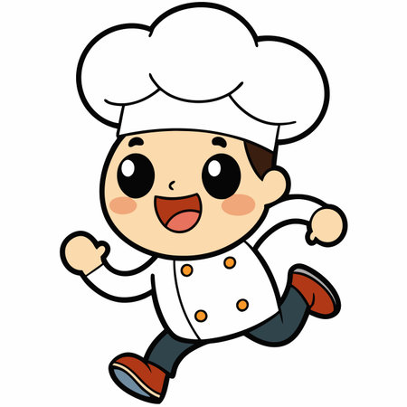 Adorable cartoon child chef in white uniform and hat, running quickly with a big, joyful smileのイラスト素材