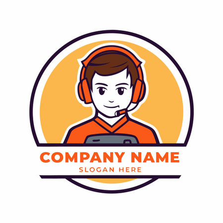 Cartoon boy in orange headset and shirt holding a game controller within a circle. Ideal for gaming or tech brandingのイラスト素材