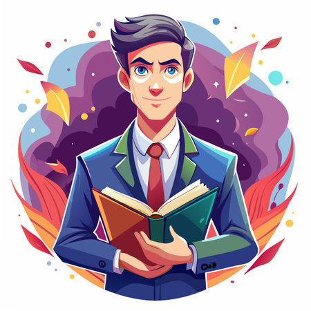 A confident man in a suit holds an open book, surrounded by colorful abstract swirls and floating leavesのイラスト素材