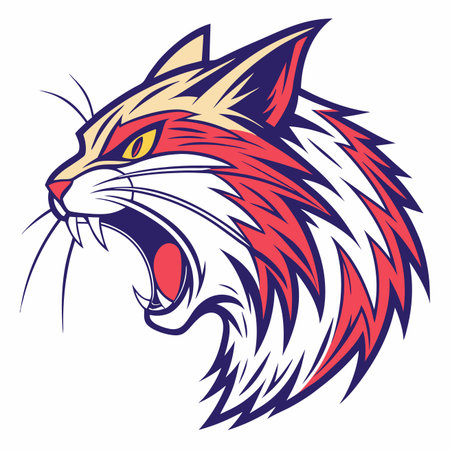 Stylized wildcat mascot head, roaring aggressively. Features sharp teeth, stripes, and intense eyesのイラスト素材