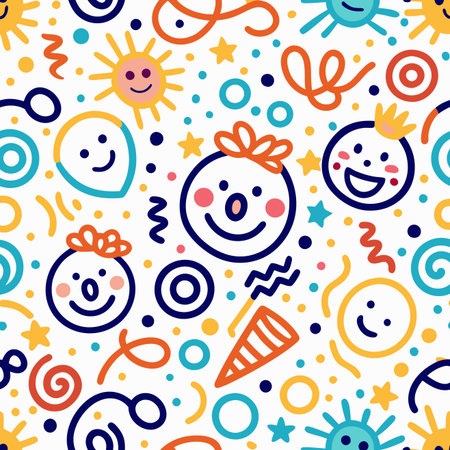 Cheerful seamless pattern featuring cute cartoon faces, suns, party poppers, confetti, and colorful shapesのイラスト素材
