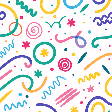 Vibrant seamless pattern with playful abstract squiggles, dots, and wavy lines in bright colors on whiteのイラスト素材