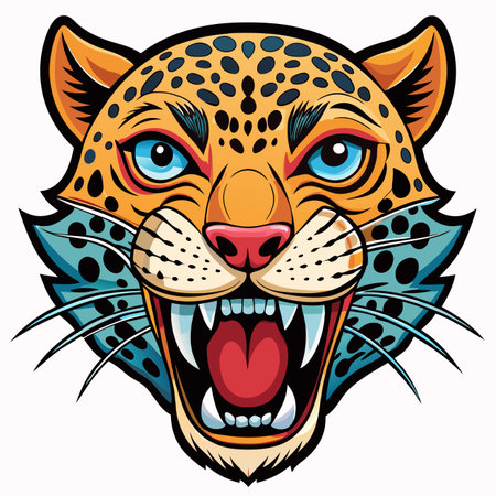 Vibrant illustration of a roaring wild cat head, golden fur, blue eyes, black spots, baring fangs fiercelyのイラスト素材