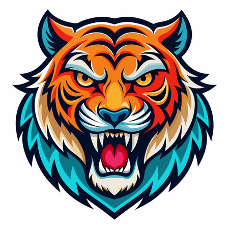 Stylized roaring tiger head mascot, vibrant orange, black, teal stripes, fierce expressionのイラスト素材