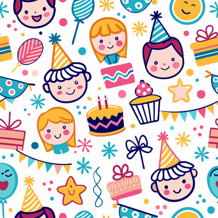 A vibrant, seamless pattern featuring cute cartoon kids in party hats, cakes, balloons, and gifts on whiteのイラスト素材