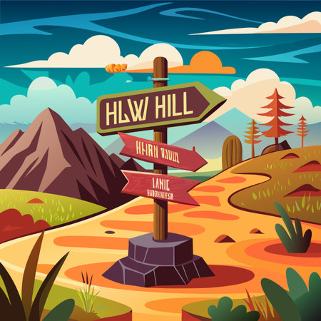 Vibrant cartoon illustration of a signpost on a winding path amidst mountains and trees under a cloudy skyのイラスト素材