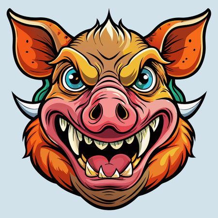 Colorful, expressive wild pig mascot head illustration with bared fangs, bright eyes, and spiky furのイラスト素材