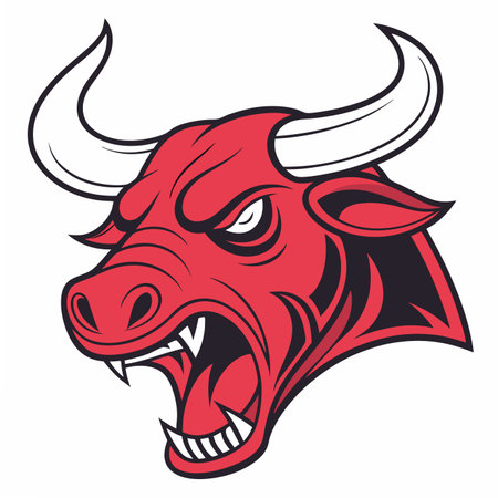 Angry red bull head roaring, with white horns and sharp teeth, stylized aggressive animal mascotのイラスト素材