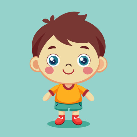 A happy cartoon boy illustration with brown hair, blue eyes, orange shirt, and green shorts on a blue backgroundのイラスト素材
