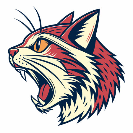 Fierce, stylized wildcat head roaring in profile. Red and cream fur, sharp fangs, intense orange eyeのイラスト素材