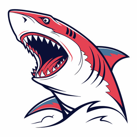 A fierce, stylized great white shark with a wide-open mouth showing sharp teeth, in red, white, and blueのイラスト素材