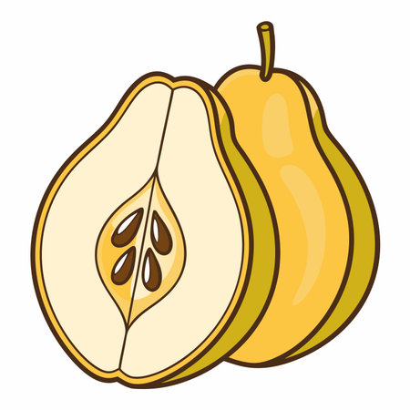 Cartoon illustration of a yellow-green pear, one whole and one half-cut revealing its flesh and seedsのイラスト素材