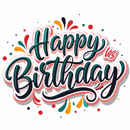 Happy Birthday" vibrant hand-lettered text with colorful confetti elements on a white backgroundのイラスト素材