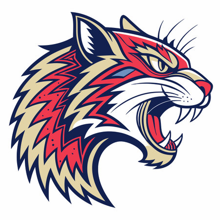 A fierce wild cat head with open mouth, sharp teeth, and detailed fur in red, blue, and cream colorsのイラスト素材