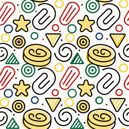 Seamless pattern of playful abstract shapes stars, swirls, triangles, rectangles, circles, and lines in primary colorsのイラスト素材