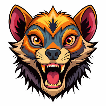 A fierce, stylized cartoon wild animal head in vibrant colors, teeth bared, roaring with an aggressive expressionのイラスト素材