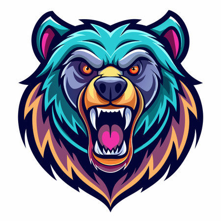 A vibrant, stylized illustration of a roaring bear's head with sharp fangs and aggressive expressionのイラスト素材