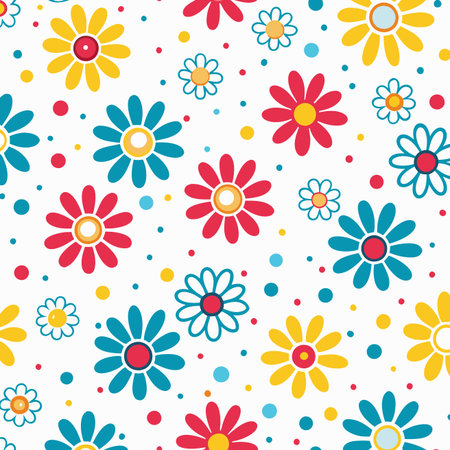 Vibrant seamless pattern of stylized red, yellow, and blue daisies with colorful scattered dots on whiteのイラスト素材