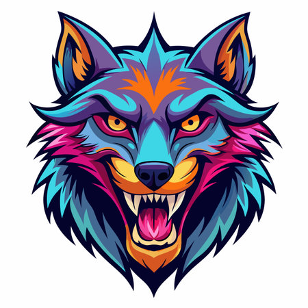 Vibrant, aggressive wolf head illustration in neon hues, snarling fiercely with sharp fangs and intense eyesのイラスト素材
