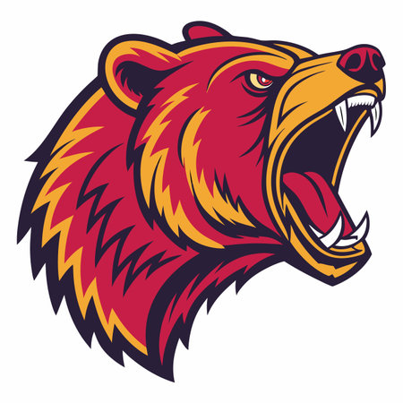 Red and gold stylized bear head growling fiercely, sharp fangs, open mouth, intense eyes, aggressive expressionのイラスト素材