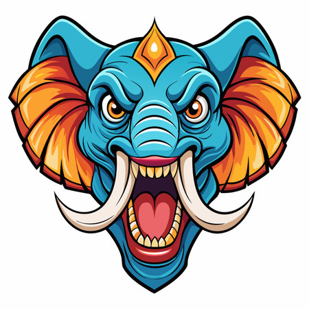 Fierce blue elephant head with orange ears, roaring mouth, tusks, and a golden forehead adornmentのイラスト素材