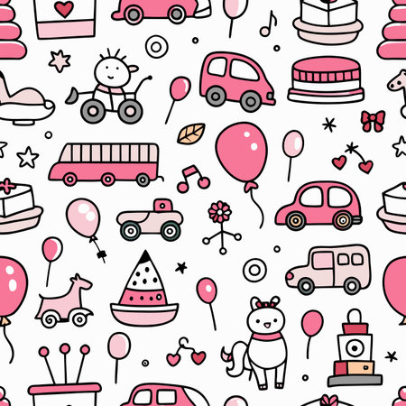 Seamless hand-drawn pattern with pink cars, balloons, presents, cakes, and playful toys on whiteのイラスト素材