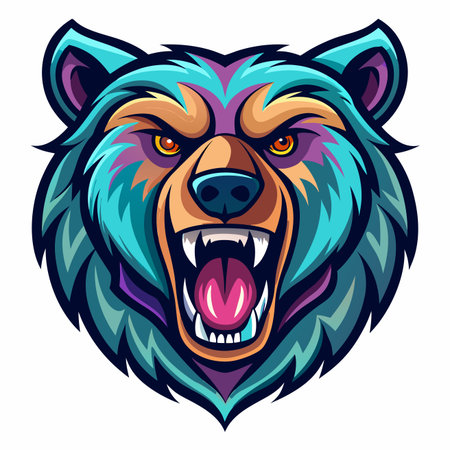 Vibrant, stylized bear head roaring with fierce expression, featuring teal, purple, orange huesのイラスト素材