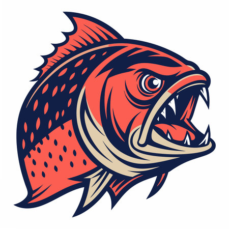 A stylized, aggressive red and blue fish head with sharp teeth and an open mouth. Fierce predatory creatureのイラスト素材