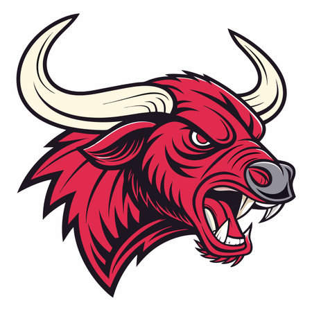 Vibrant red bull head illustration with massive horns, an angry face, and bared sharp teethのイラスト素材