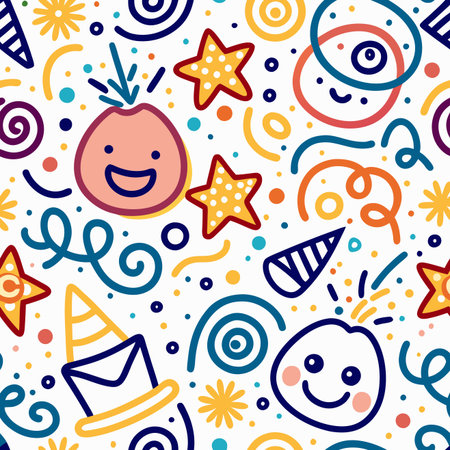 Cheerful doodle pattern featuring cartoon faces, stars, swirls, party hats, and scattered confettiのイラスト素材