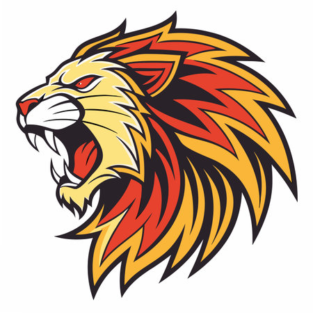 Stylized roaring lion head vector graphic with a vibrant, fiery yellow, orange, and red mane and sharp fangsのイラスト素材