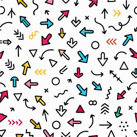 Lively seamless pattern of colorful arrows and doodles pointing in all directions on a white backgroundのイラスト素材