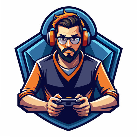 Cartoon man with glasses, beard, and headphones holding a game controller against a blue shieldのイラスト素材