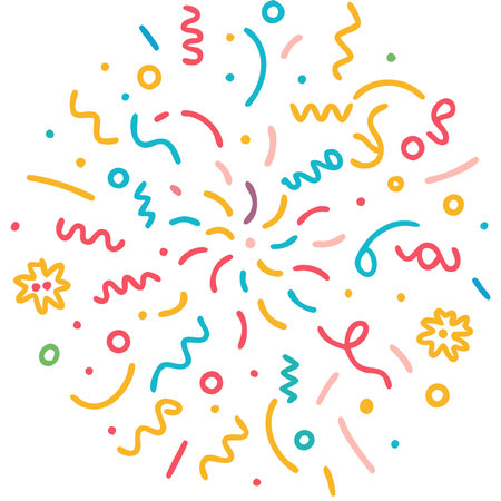 Vibrant abstract illustration of a festive burst with swirling lines, dots, and confetti shapesのイラスト素材