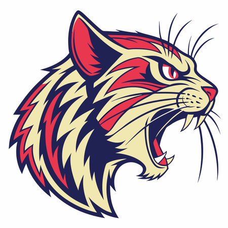 Stylized roaring wildcat head illustration in red, cream, and blue, with sharp teeth and whiskersのイラスト素材