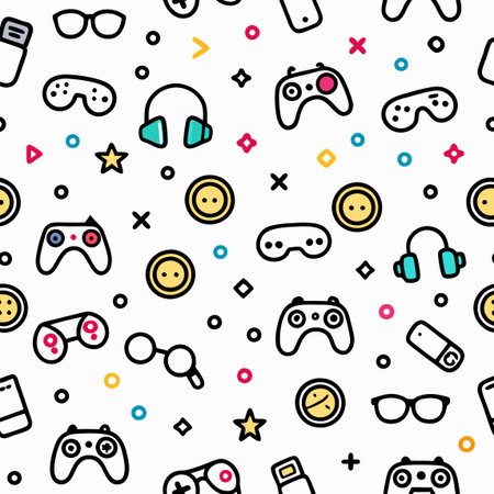 A seamless pattern of outlined gaming and tech icons with colorful geometric shapes on a white backgroundのイラスト素材