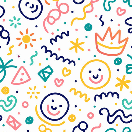 Seamless pattern of colorful hand-drawn doodles happy faces, crowns, suns, hearts, wavy lines on whiteのイラスト素材